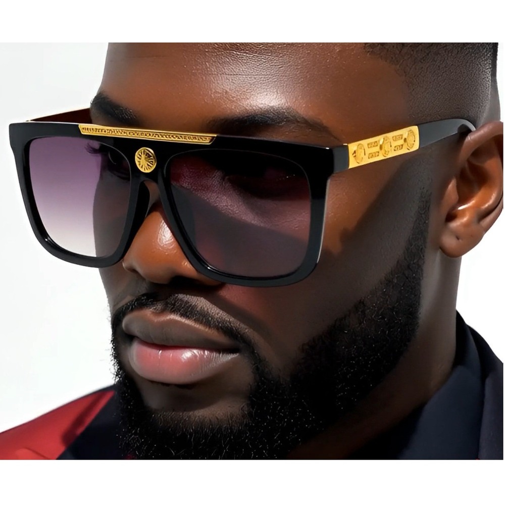 Flat Top Sunglasses‎ Men's Fashion Square Frame Gold Accent Black Lens Hip Hop